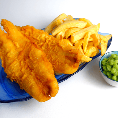 Bruno’s Fast Food crispy fish & chips with sauce in Stenhousemuir.