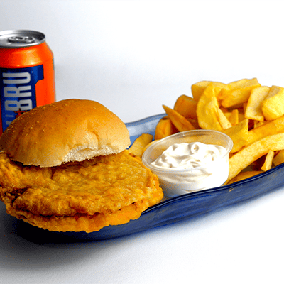 Bruno’s Juicy Hamburger with chips and sauce in Stenhousemuir